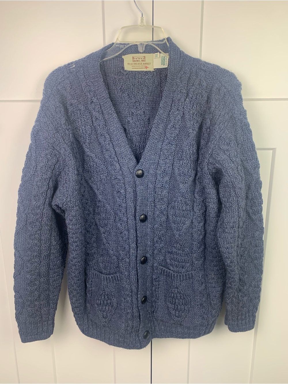 Aran Crafts Irish Wool Sweater Cardigan Mens XXL Blue Gray Cable Knit Leather - Picture 2 of 7